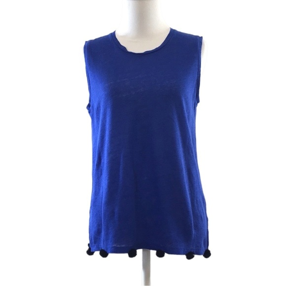 J. Crew Royal Blue Tank Top Womens XXS Linen Pompom Pom‎ Pom - Picture 1 of 13